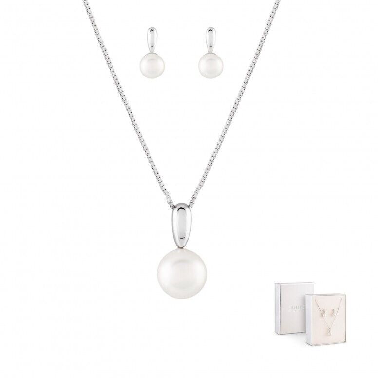 Conjunto de colar mais brincos Unike, em prata de lei, com pérola redonda pendente sob fio e brinco.