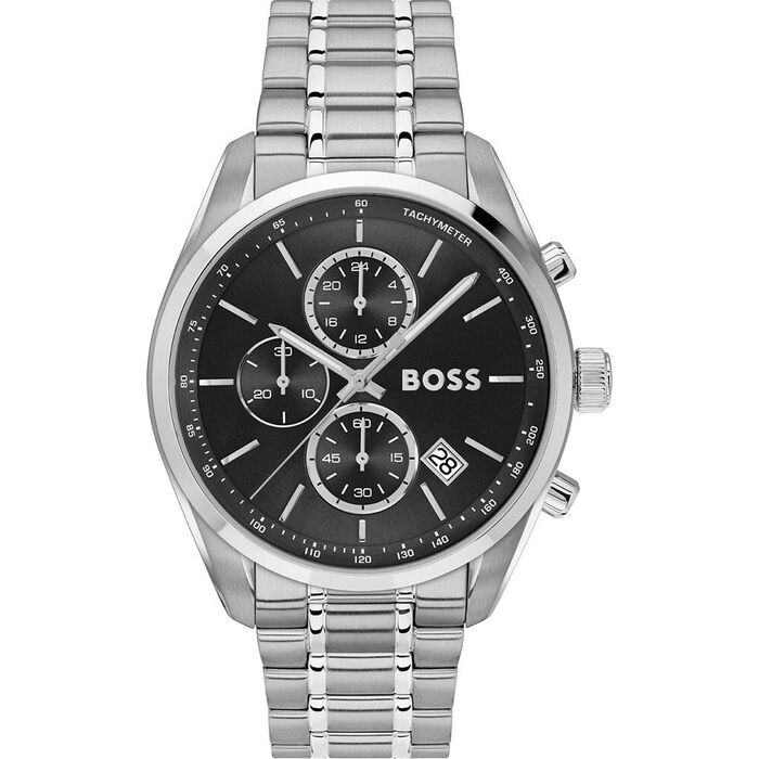 Relógio Boss com bracelete em aço prateada e mostrador preto com função de cronógrafo.