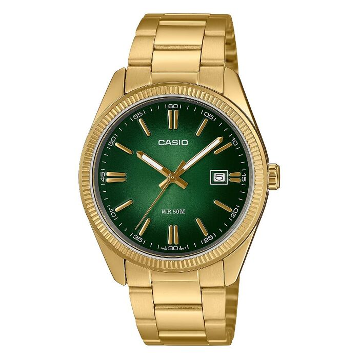 Relógio dourado da Casio com um mostrador em verde escuro e calendário nas três horas.