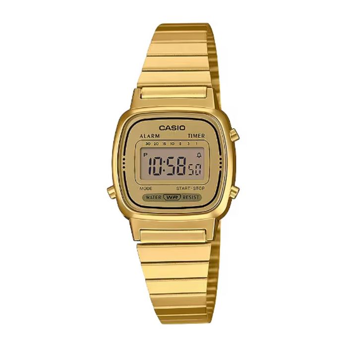 Relógio Casio, em vista frontal, em aço dourado de pequenas dimensões e com um mostrador digital.
