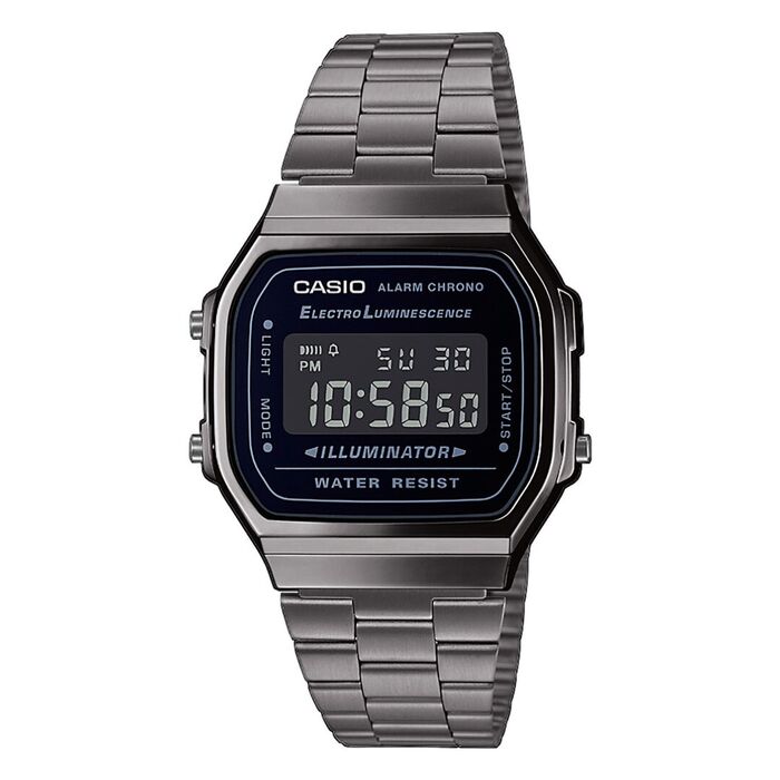 Relógio Casio digital com caixa e bracelete em metal cinza escuro e mostrador preto quadrado