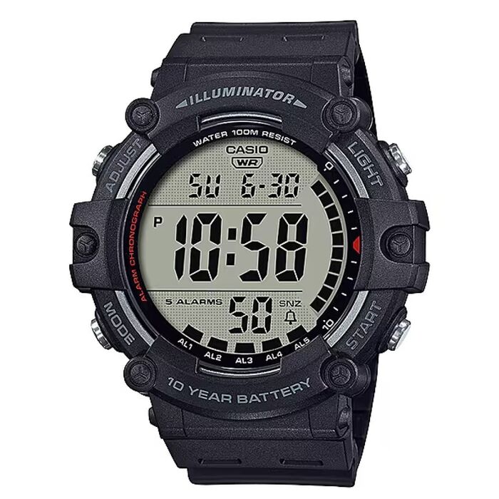 Relógio digital preto com mostrador redondo e ecrã LCD a indicar 10:58.