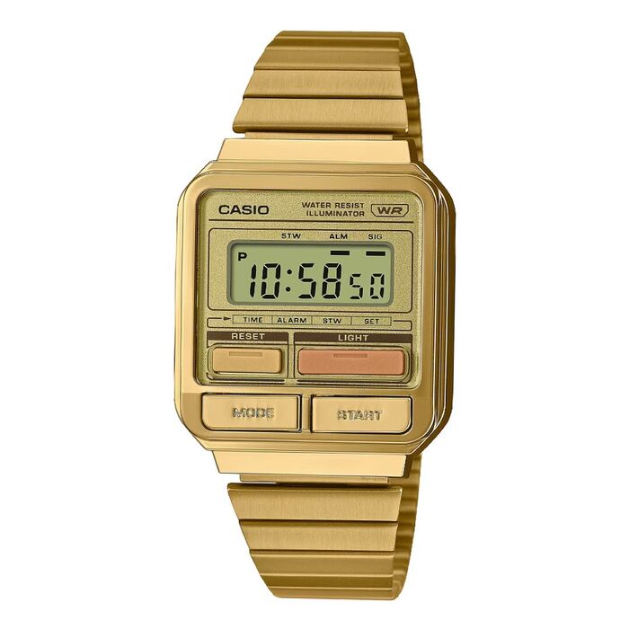 Relógio digital dourado com mostrador retangular e bracelete metálica, mostra 
