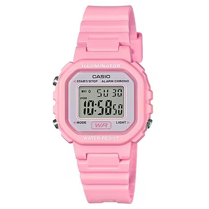 Relógio digital Casio rosa com mostrador quadrado, ecrã LCD, três botões laterais