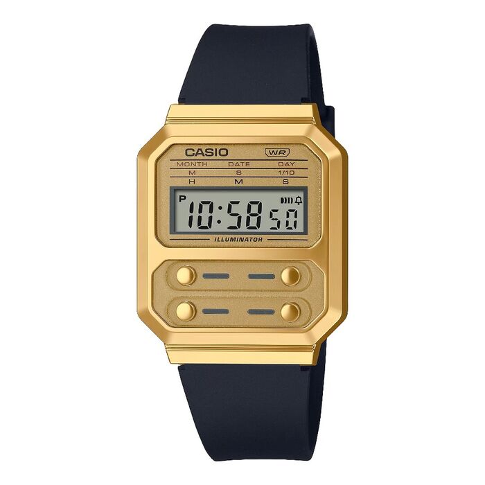 Relógio Casio digital com caixa retangular de cor dourada e bracelete de silicone preta