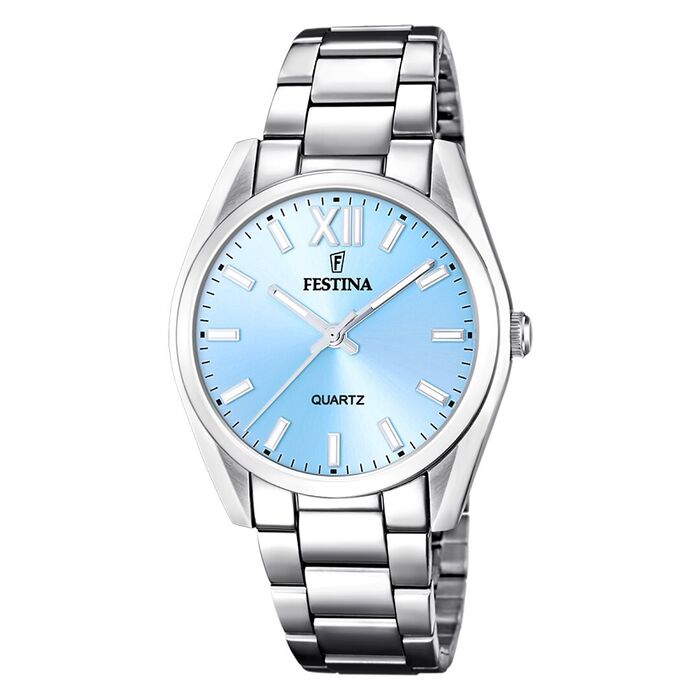 Relógio Festina de bracelete e caixa prateada com mostrador azul vivo, formato redondo
