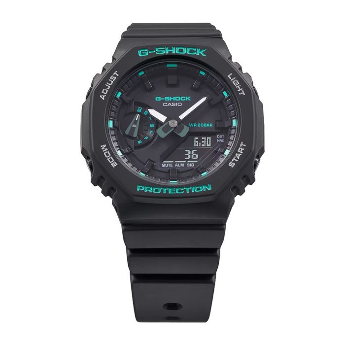 Relógio preto Casio G-Shock com mostrador analógico-digital e detalhes turquesa.