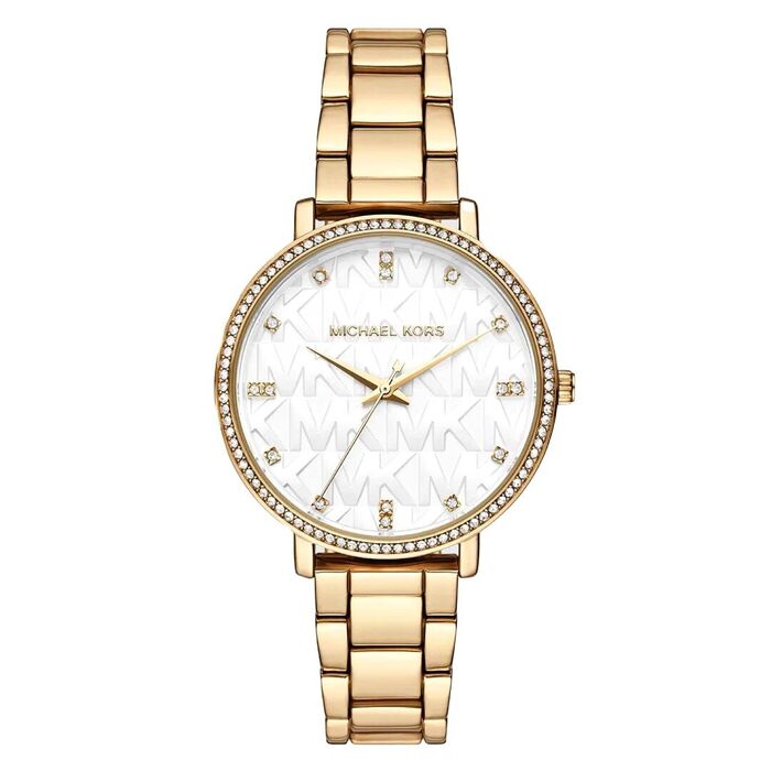 Relógio Michael Kors para mulher com bracelete e caixa em aço inoxidável dourado.