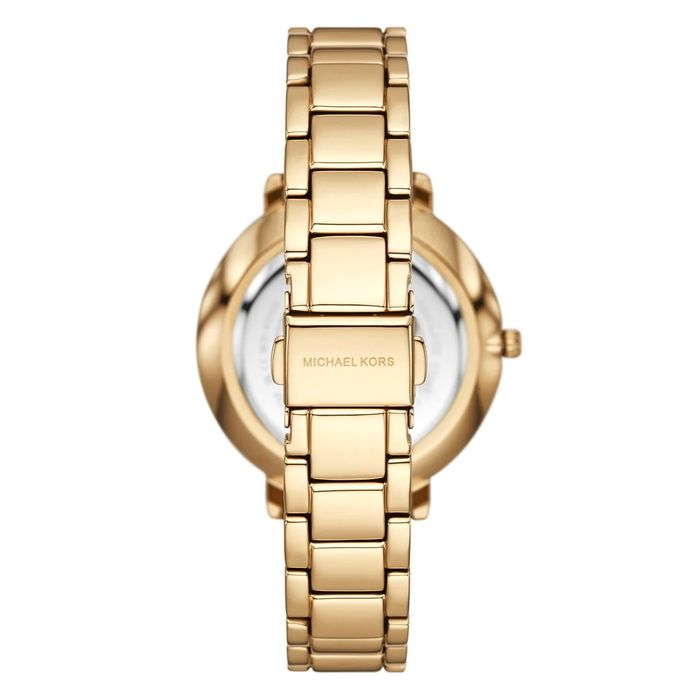 Relógio Michael Kors para mulher com bracelete e caixa em aço inoxidável dourado, visto por trás.