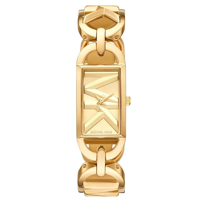 Relógio Michael Kors para mulher com aço inoxidável dourado com formato rectângular.