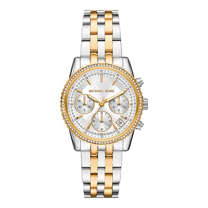 Relógio Michael Kors para mulher em aço inoxidável com funções de calendário e cronógrafo.