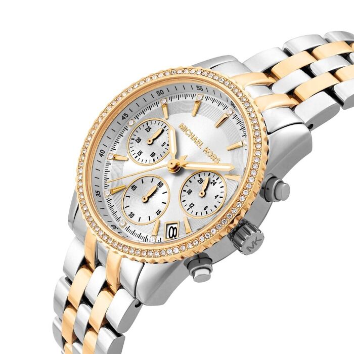 Relógio Michael Kors para mulher em aço inoxidável com funções de calendário e cronógrafo.