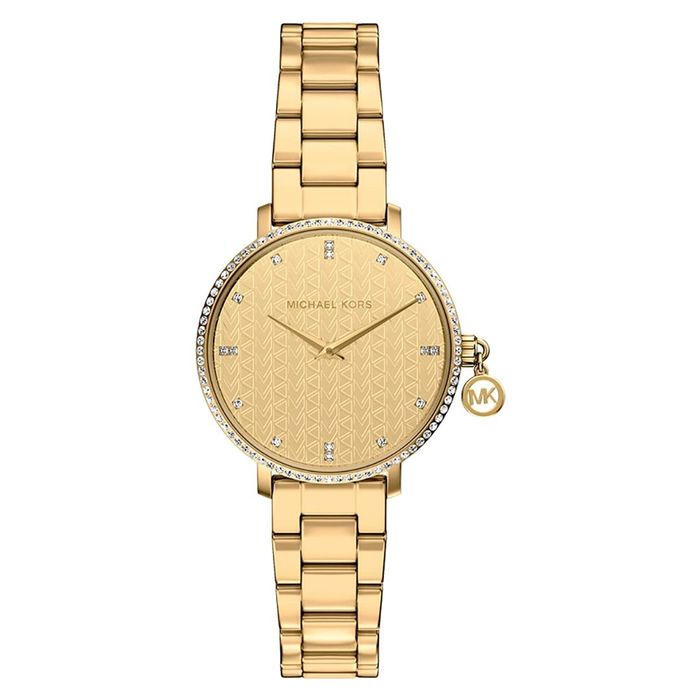 Relógio feminino da Michael Kors com caixa e bracelete em aço dourado, com cristais na caixa.
