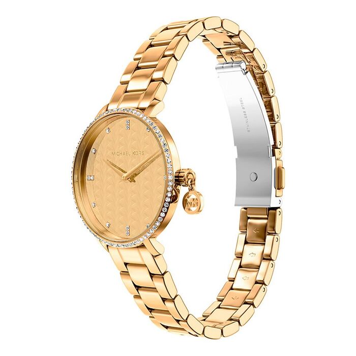 Relógio feminino da Michael Kors com caixa e bracelete em aço dourado, com cristais na caixa.