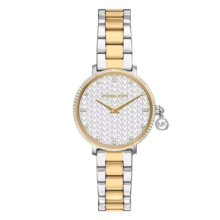 Imagem artigoRelógio feminino da M.K com caixa e bracelete em aço bicolor, com cristais na caixa.