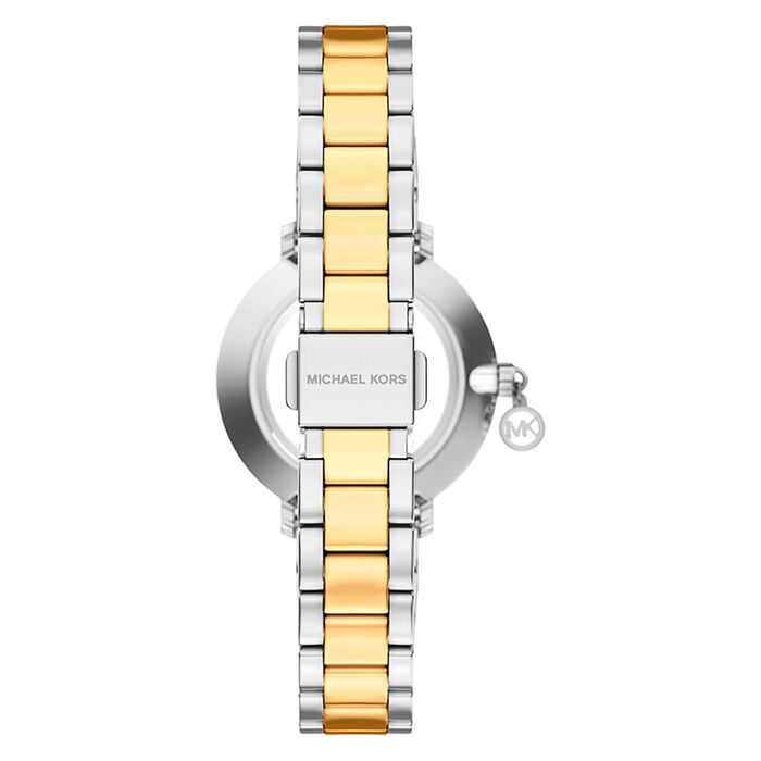 Imagem artigoRelógio feminino da M.K com caixa e bracelete em aço bicolor, com cristais na caixa.