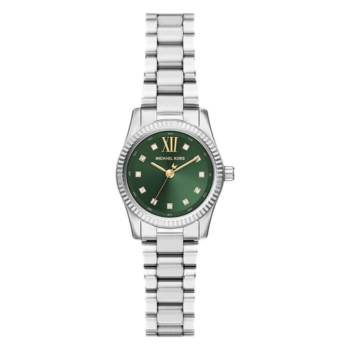 Relógio feminino da M.K com caixa e bracelete dourado com mostrador verde.