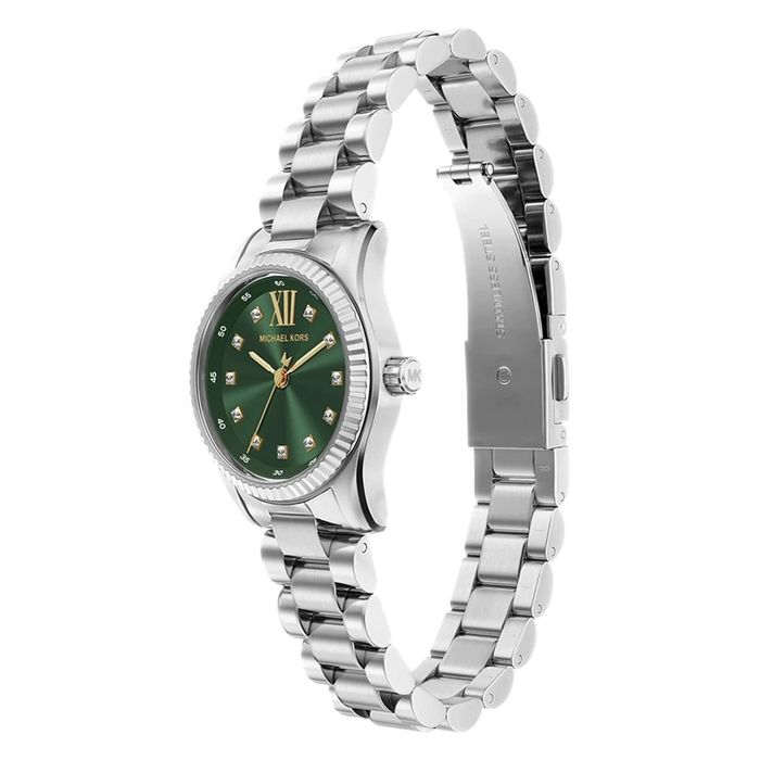 Relógio feminino da M.K com caixa e bracelete dourado com mostrador verde.
