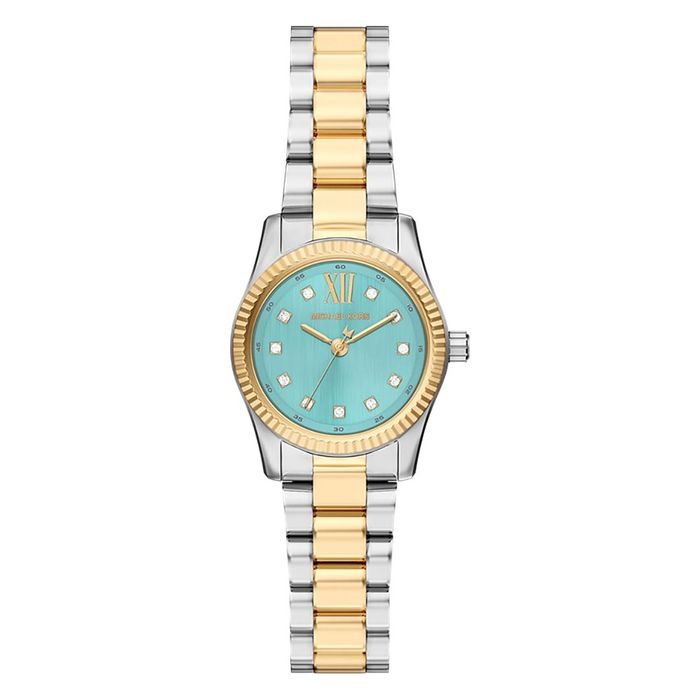 Relógio feminino da M.K com  bracelete bicolor com mostrador azul.