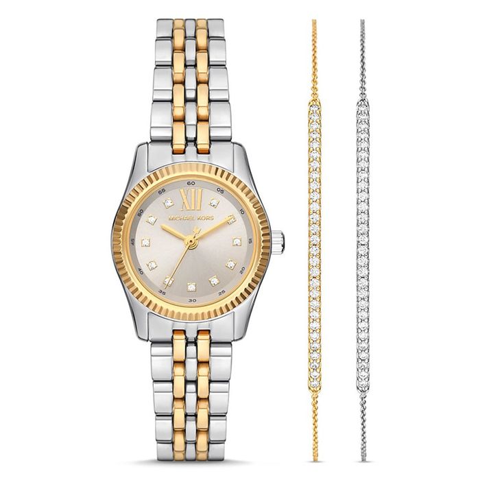 Conjunto relógio da Michael Kors com duas pulseiras com pulseiras em aço e bracelete em aço.