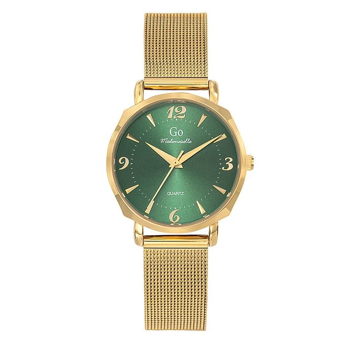 Relógio Feminino da Go, Girl Only, com mostrador redondo verde e bracelete e caixa douradas.