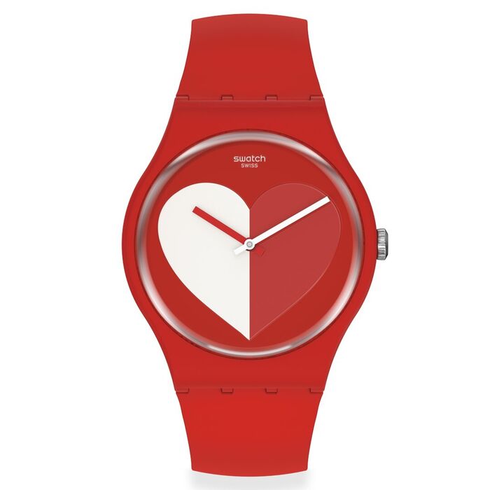 Relógio feminino da Swatch em vermelho com coração branco e vermelho no centro do mostrador redondo