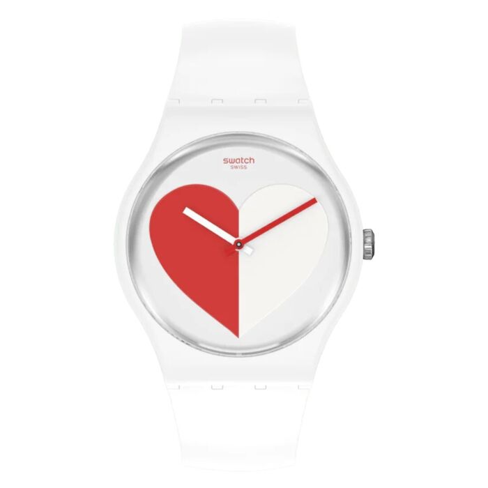 Relógio feminino da Swatch em branco com coração branco e vermelho no centro do mostrador redondo