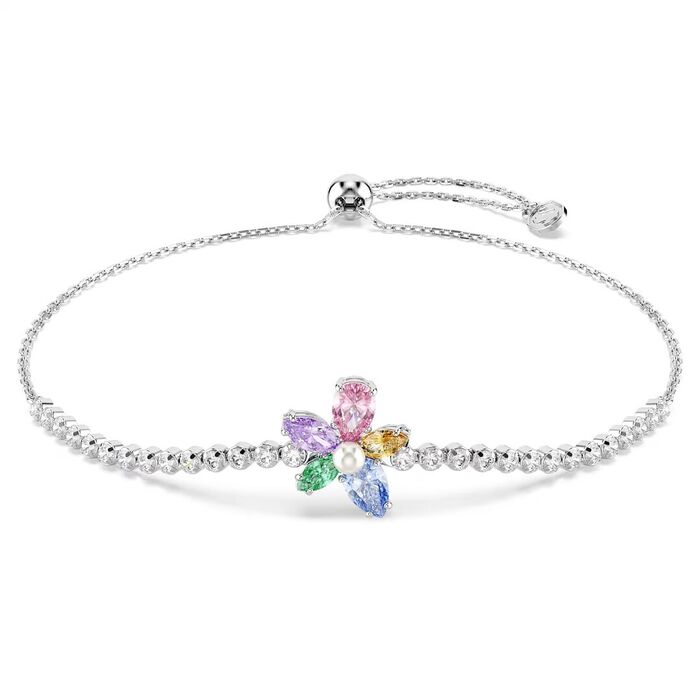 Pulseira Swarovski prateada com cristais e uma flor com pedras coloridas e uma pérola no centro.