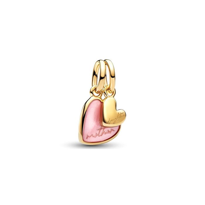 Conta Pandora com dois corações um cor de rosa e ouro dourado relacionado para o dia da mãe.