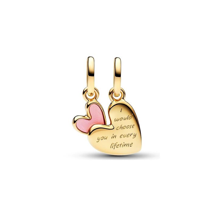 Conta Pandora com dois corações um cor de rosa e ouro dourado relacionado para o dia da mãe.