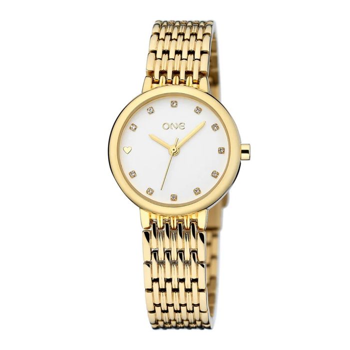 Relógio One mulher dourado de mostrador branco e índice com pedras e um coração no índice das 9h.