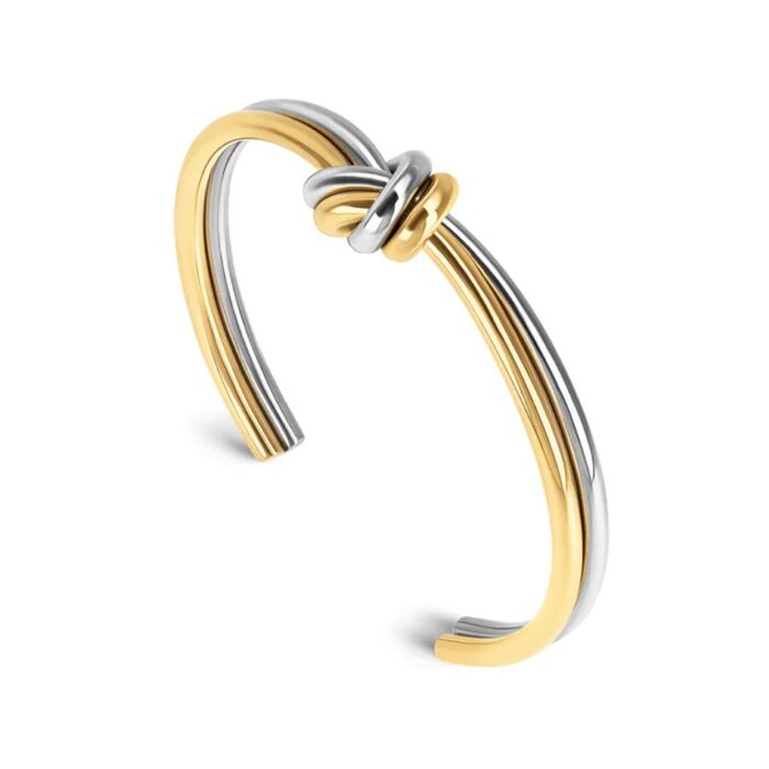Escrava feminina da One com dois aros em prateado e dourado com um nó no topo.