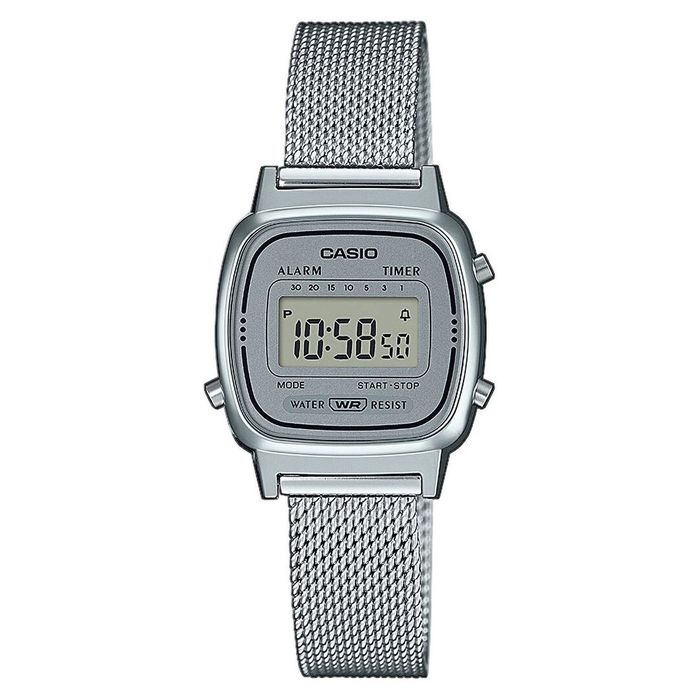 Relógio Feminino da Casio, com bracelete estilo milanesa, de tom prateado, com mostrador digital.
