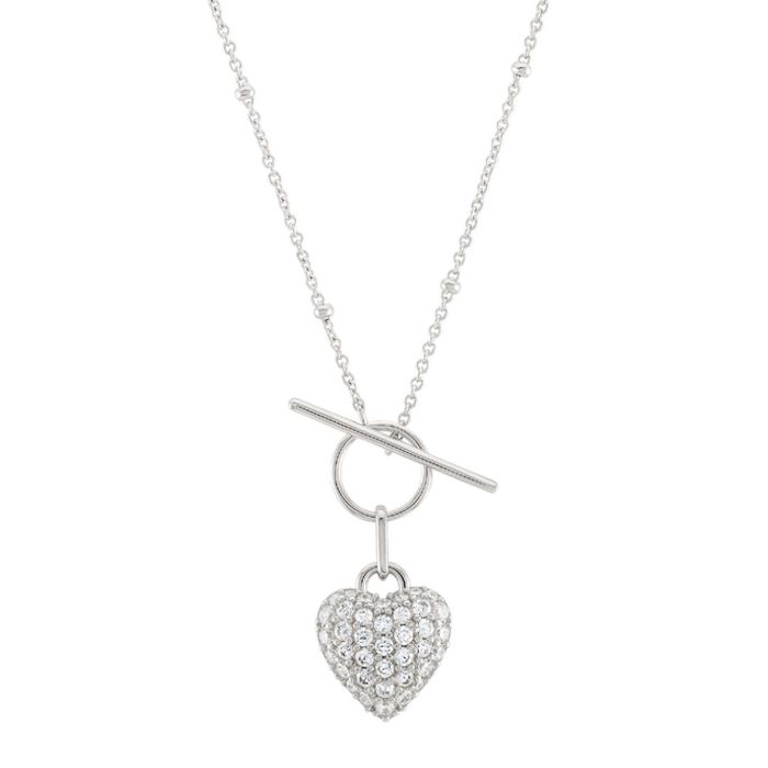 Colar prateado Unike feminino com um fecho em T e um pendente de um coração com zircónias.