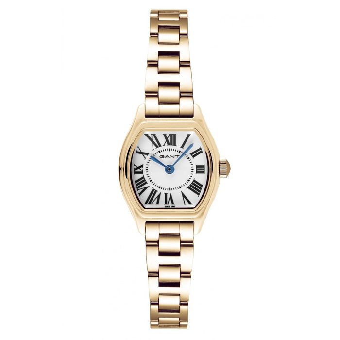 Relógio feminino Gant em aço dourado com um mostrador branco com índices romanos e ponteiros azuis.