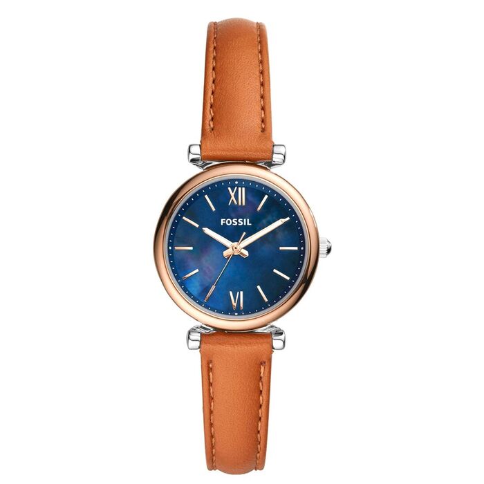Relógio feminino da fossil com bracelete em pele com mostrador azul madrepérola.
