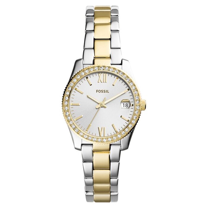 Relógio feminino da fossil com bracelete bicolor com mostrador branco.