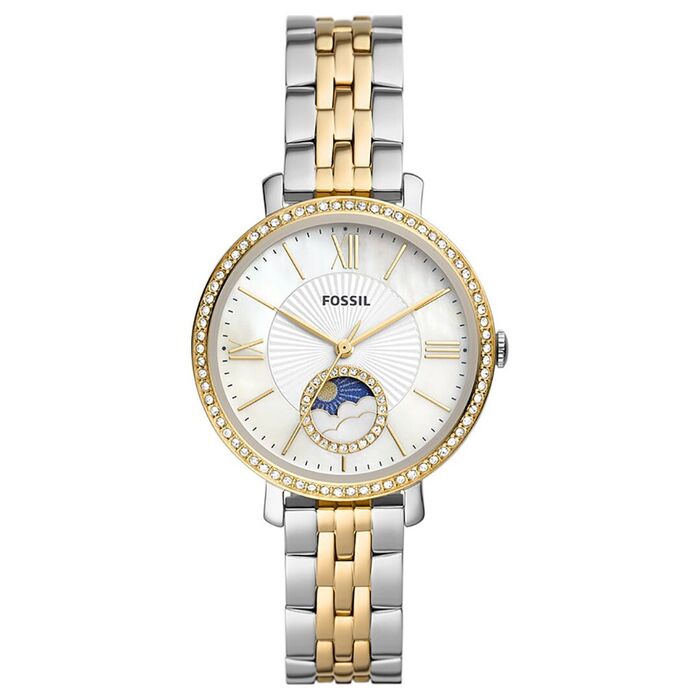 Relógio feminino da fossil com bracelete bicolor com mostrador madrepérola com fases da lua.