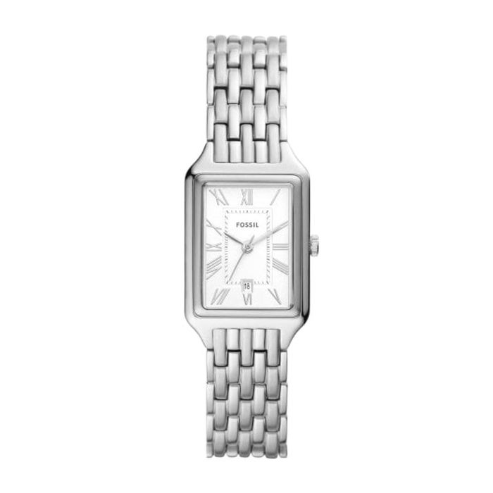 Relógio feminino da fossil com bracelete e caixa rectângular prateada e mostrador prateado.