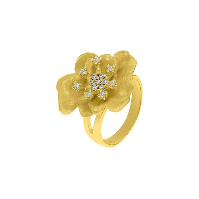 Anel dourado feminino da Eugénio Campos com uma flor de pétalas onduladas e pedras de quartzo.