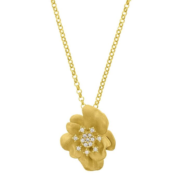 Vista aproximada de pendente em forma de flor com quartzo de um colar dourado da Eugénio Campos.