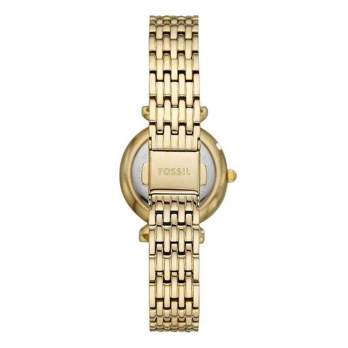 Relógio feminino da fossil com bracelete e caixa dourada visto de trás.