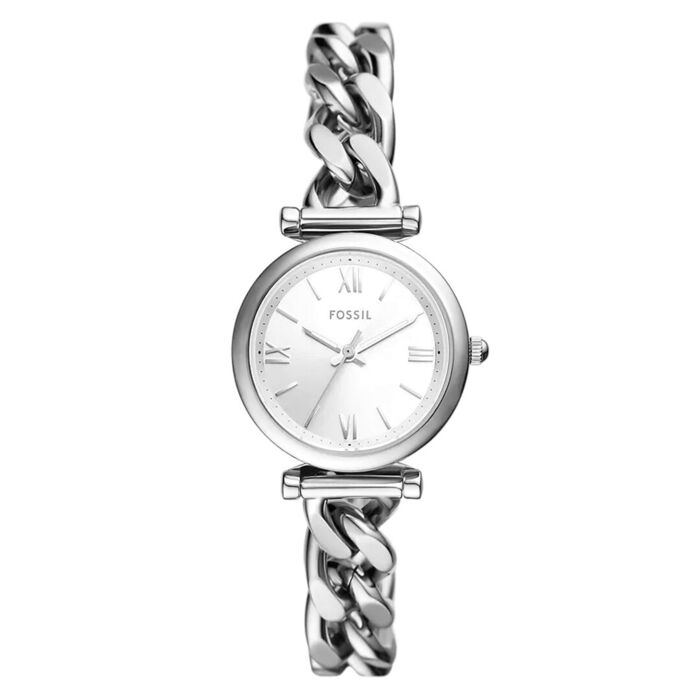 Relógio feminino da fossil com bracelete e caixa prateada com mostrador redondo.