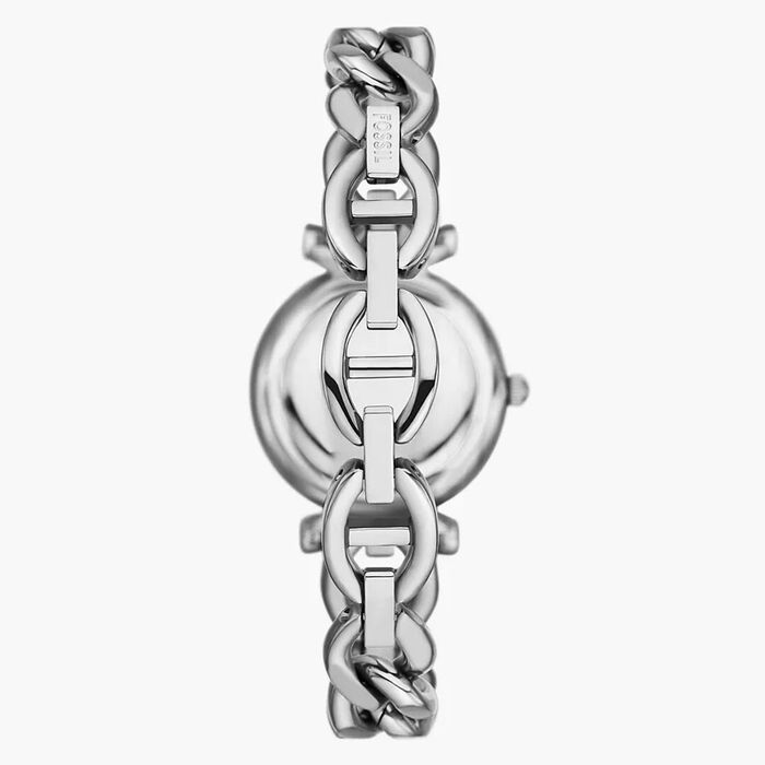 Relógio feminino da fossil com bracelete e caixa prateada com mostrador redondo, visto de trás.