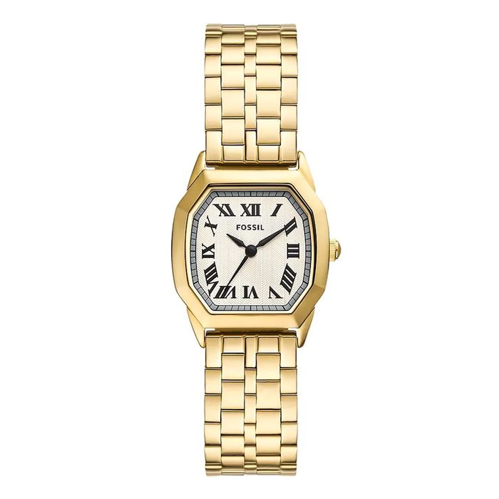 Relógio feminino da fossil com bracelete dourada e mostrador bege com números romanos.
