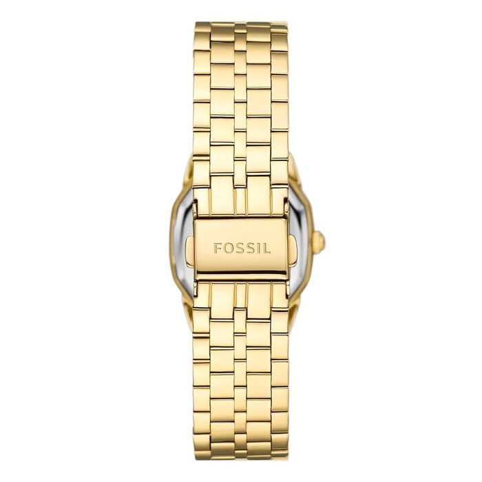 Relógio feminino da fossil com bracelete e caixa dourada visto por trás.