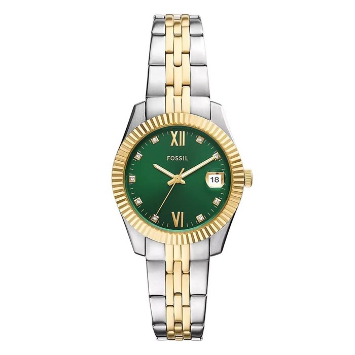 Relógio feminino da fossil com bracelete bicolor prateado e dourado com mostrador verde.