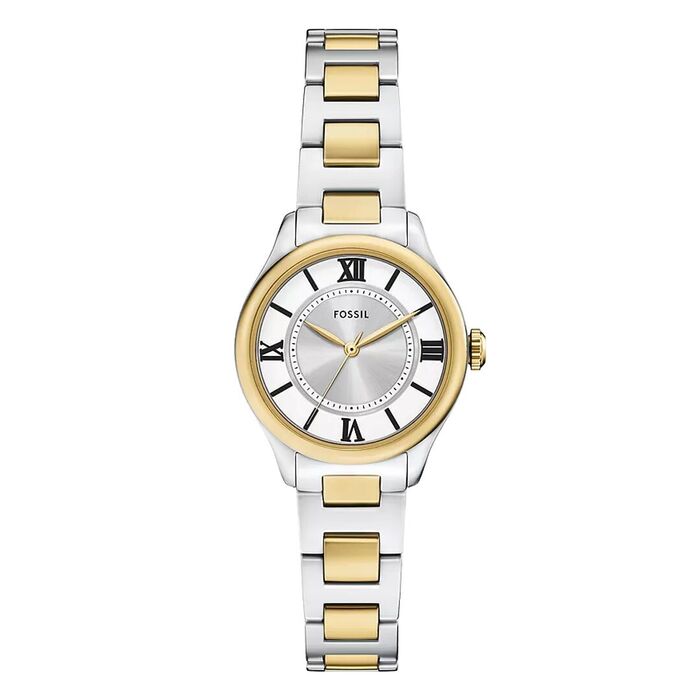 Relógio Fossil feminino com bracelete em aço inoxidável bicolor dourado e prateado. 