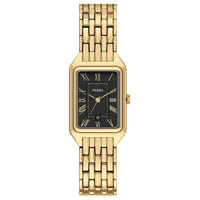 Relógio Fossil com caixa rectangular, bracelete em aço inoxidável dourado e mostrador preto.