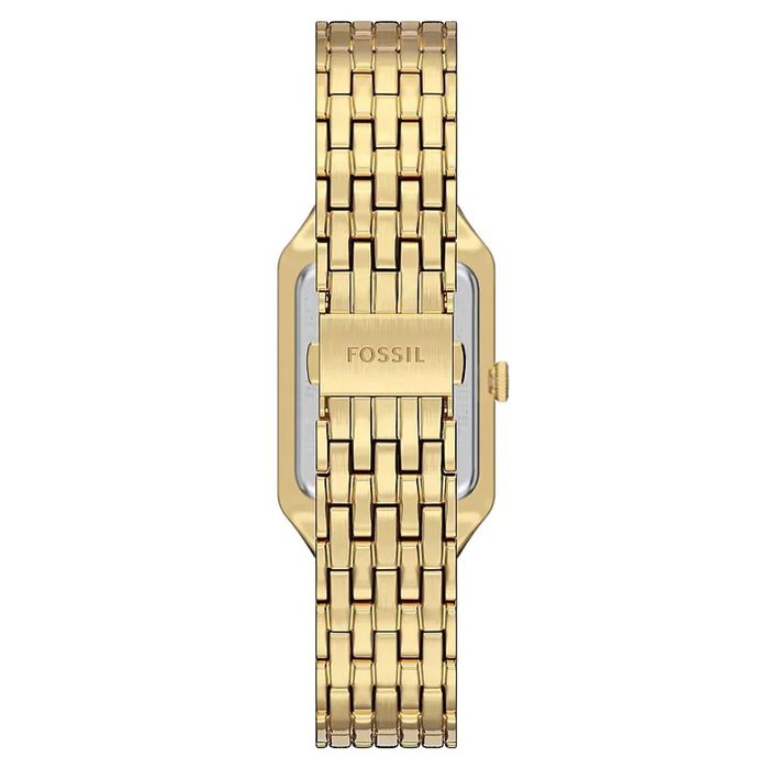 Relógio Fossil com caixa rectangular, bracelete em aço inoxidável dourado visto de trás.